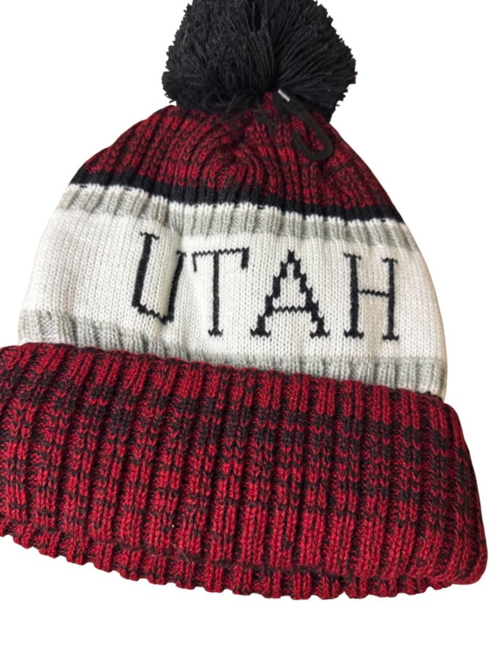 Robin Ruth Utah Pom-Pom Knit Beanie Hat Red Black White Ribbed Cuff NWT
